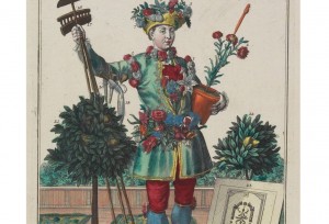 "A Flower Gardener, from Des Manouvriers habilles," by Martin Engelbrecht, is a hand-colored engraving from 1735 which suggests that French gardeners plucked one bloom for themselves for every three they cut.