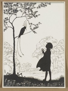 Richard Holzschuh's untitled silhouette of a girl holding a small bouquet while looking at a bird in a tree is, like many of Holzschuh's drawings, too sweet for reality.