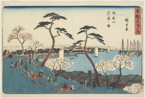 Utagawa Hiroshige's woodblock print of "Gotenyama Hill in Bloom" captures the annual ritual of walking among the cherry blossoms in the Shinagawa district of Tokyo.