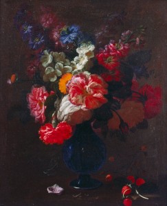 The aptly titled "Flowers in a Vase on a Ledge" is a classic Dutch Golden Age still life from the 17th century by Abraham Beyeren.