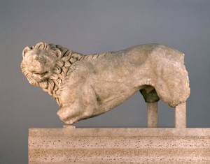 A crouching lion sculpture—a tomb guardian—from a cemetery north of the Acropolis. On display at the MIA in gallery G241.