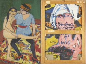 The backside of Ernst Ludwig Kirchner’s “Dance Training” (“Tanztraining”) in Gallery 371 conceals a hat-wearing nude from 1910 and a scrawled address.