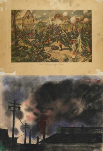 Joseph Stella drew “Pittsburgh Factory Scene” on the back of “French Infantry Storming Chateau of Mondement,” a commercial lithograph published by P. F. Collier & Son, New York, in 1915 (top).