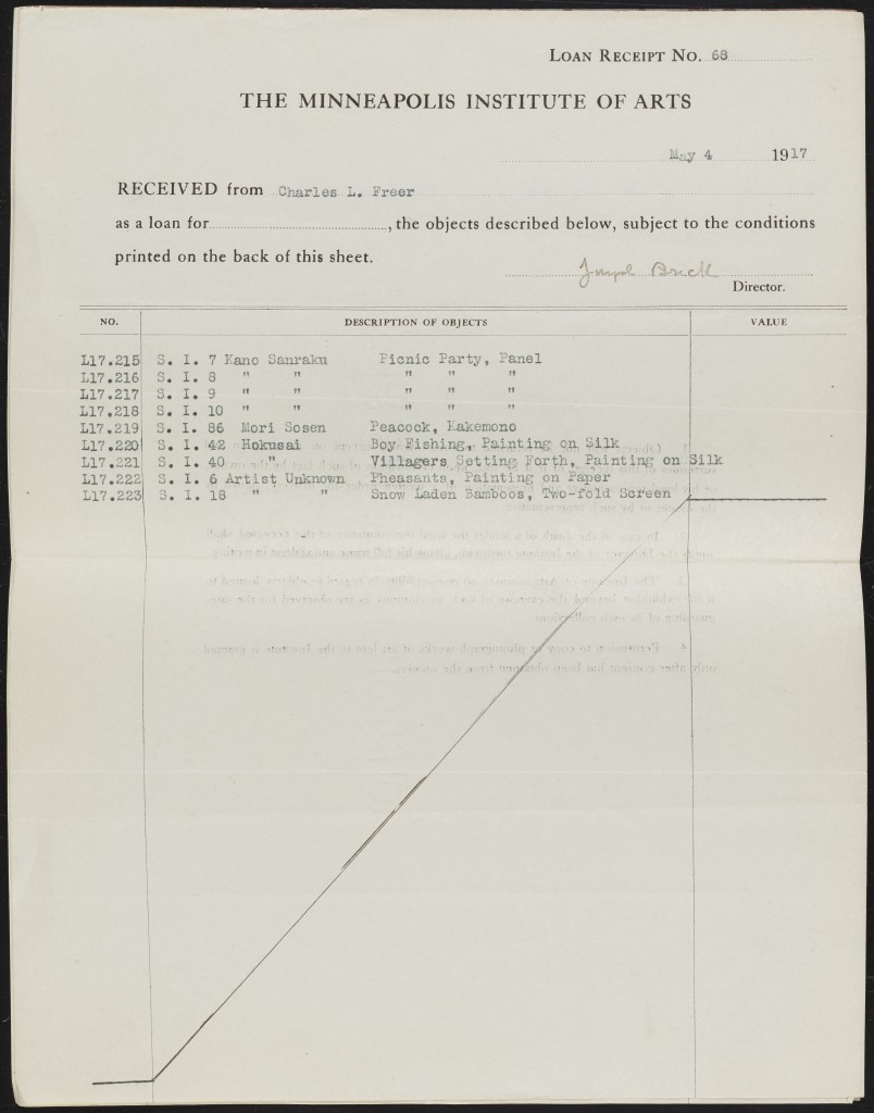 A receipt for loans to Mia from Charles Lang Freer, the industrialist whose art collection now fills his namesake museum in Washington, D.C.