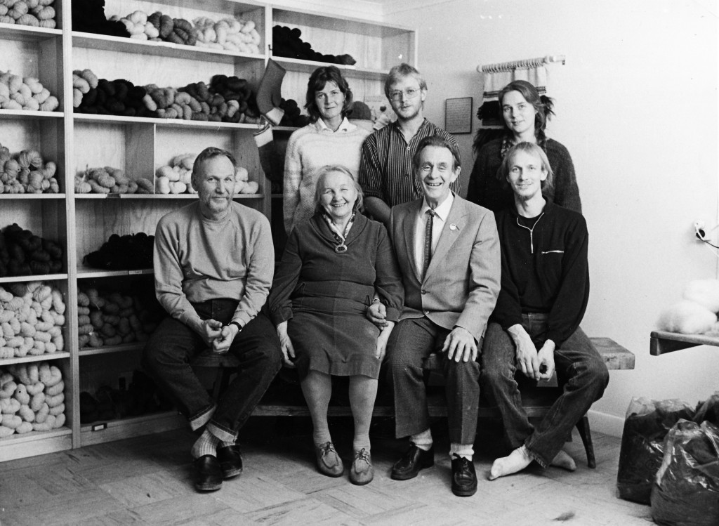 Wålstedt family photo/ Front left to right: Sven, Anna, Lasse, Nils Wålstedt. Back row: Inger, her husband Lars Warmenius and Eva, Nils’ wife. Anne and Lasse spun and dyed the Blue Wash yarns in 1983. Photo: H Hernmarck, 1987