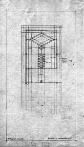 George Elmslie's drawings for the arat glass windows and doors of the house were a guide for Sharretts's firm, not a blueprint. This door sketch gives the artists an idea of the design and colors without needing a full rendering. This photo and photo at top: William Gray Purcell Papers (N3), Northwest Architectural Archives, University of Minnesota Libraries