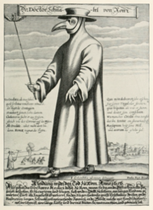 Paul Fürst's satirical engraving of a plague doctor dates to the 1600s and includes a poem suggesting the doctors were in it for the money.