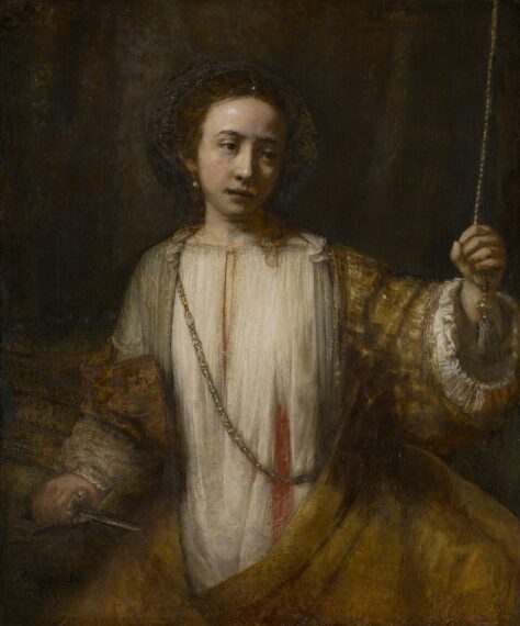 Lucretia, portrait of a young woman, seconds after taking her own life, holding knife in right hand, blood-stained chemise, left hand grasps bell cord.