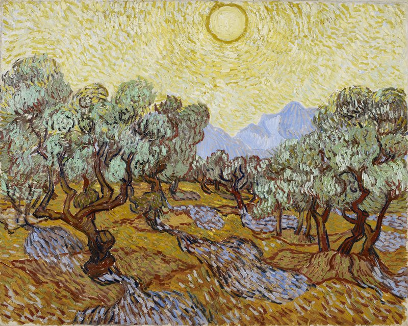 Impressionist painting of a grove of olive trees against a backdrop of blue mountains and a yellow sky