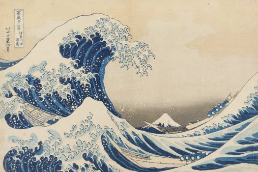 Print of a wave with blue water and white tips. The largest part of the wave is on the left side, with smaller swells that continue on the right.