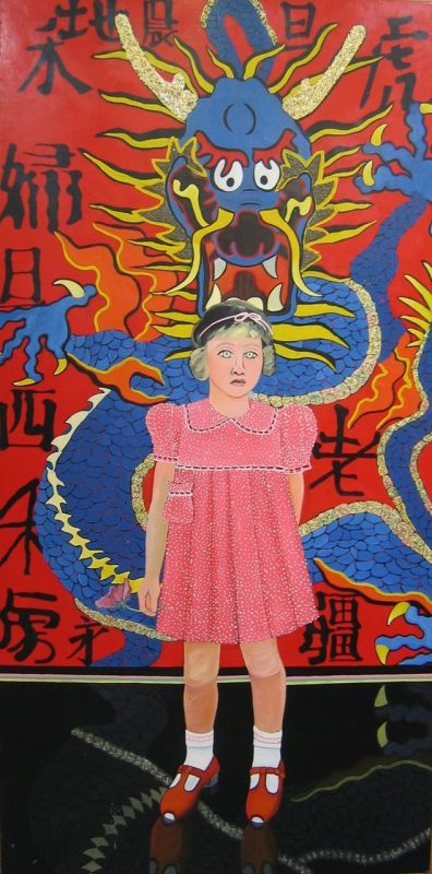 A painting of a young girl wearing a pink dress and black hat standing in front of a wall. The wall shows a blue and yellow dragon, and a red background with Chinese characters.