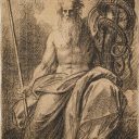 A sketch of the prophet Moses holding a pole with a snake.