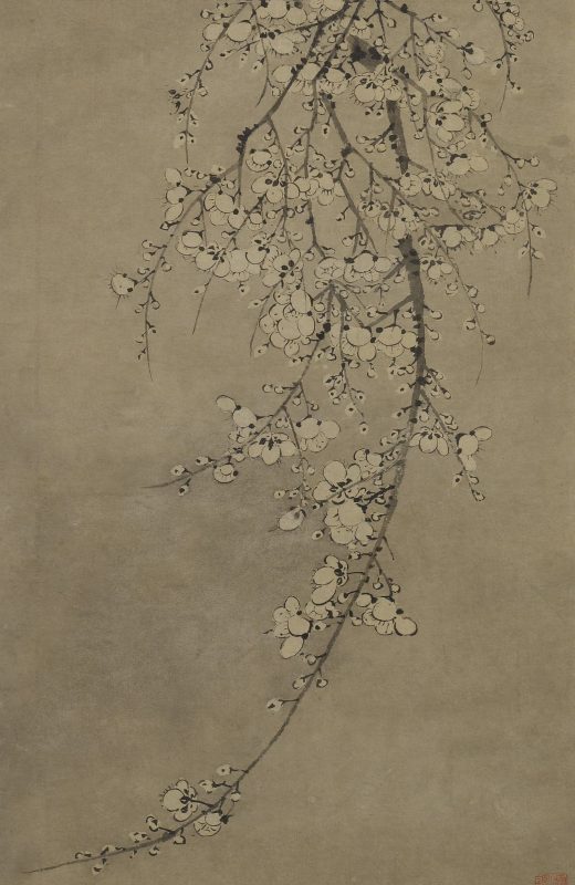 A painting of a hanging branch filled with white blossoms.