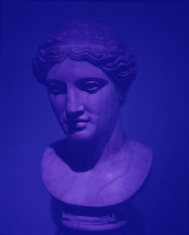 A photograph of a bust of a Roman woman's head with a heavy purple filter.