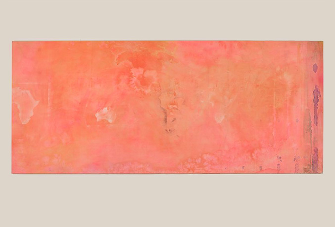 Orange, pink, and purple paint overlaying the indistinct shapes of continents such as Africa, Australia, and North America.