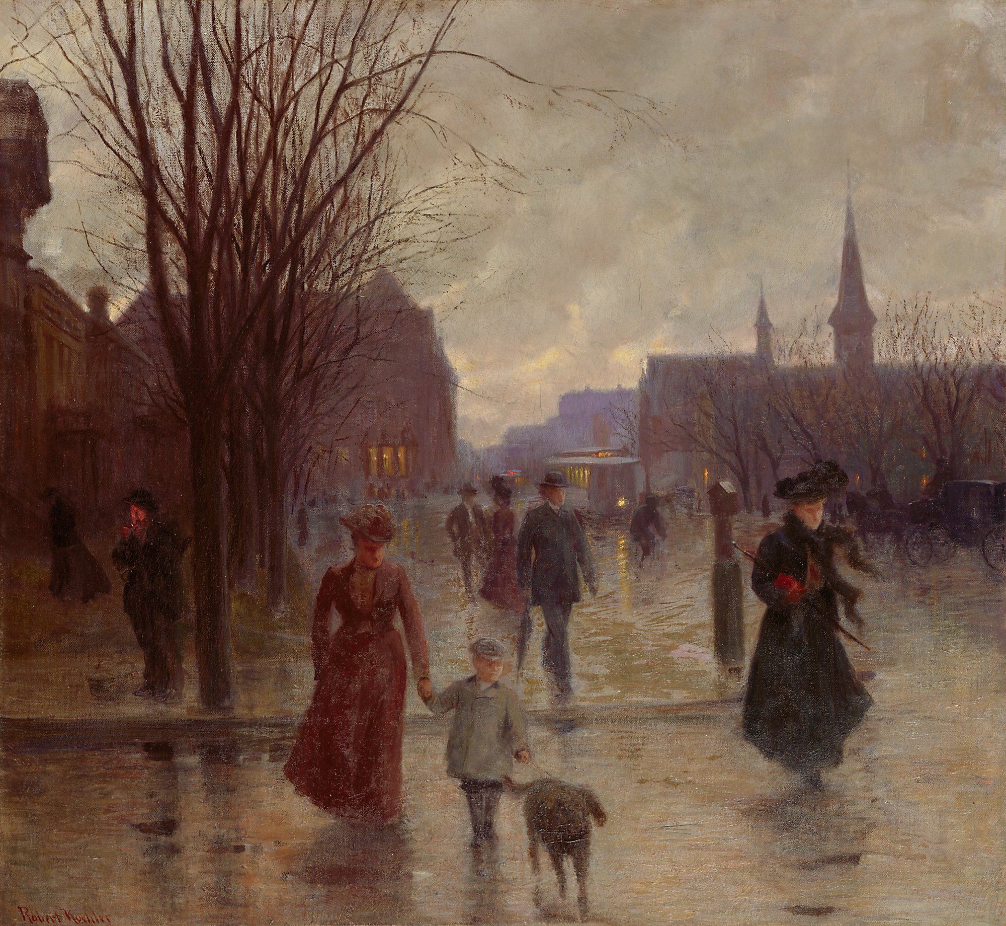 Street scene with people walking on a rainy day.