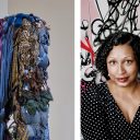 On the left is a tall, thin bundle of various cloths tied together including tie dye, jeans, and cheetah print. On the right is Shinique Smith