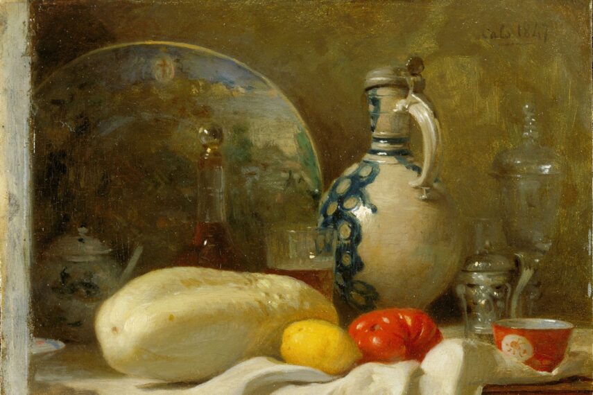 Still life painting with a pitcher, vegetables, and dishware.