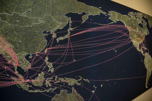 Tiffany Chung's Reconstructing an exodus history: flight routes from camps and ODP cases, on display in "Artists Reflect: Contemporary Views of the American War."