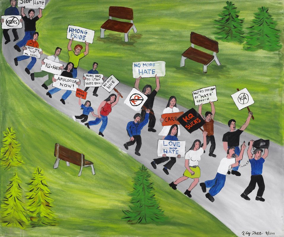 An image from “The Hmong Migration” showing a protest after racist comments on Twin Cities radio station KQRS in 1998.