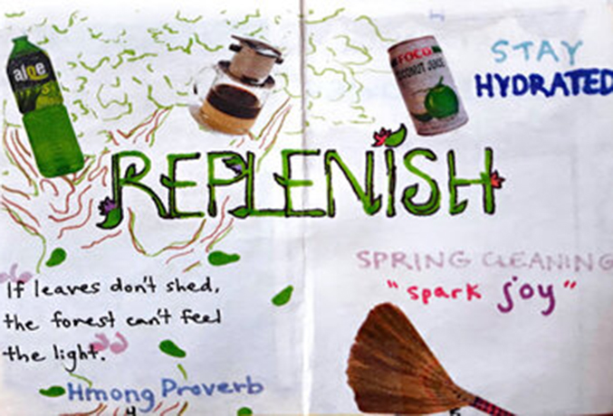 Image of a zine drawing that shows the word replenish in big font.