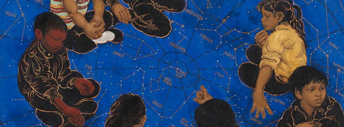Image of a painting done by Martin Wong featuring children sitting in a circle, facing each other. The background is a chart of constellations.