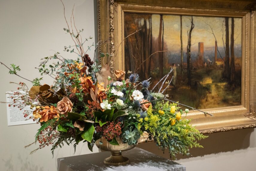 Photograph of a painting with a floral interpretation next to it