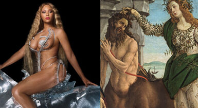 Image of Beyonce on a horse juxtaposed with Botticelli's Pallas and the Centaur