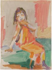 This is a watercolor painting of a woman in a orange and red dress, sitting on a green bed.
