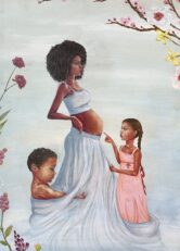An expectant mother is wearing a baby blue outfit with her belly peeking out. Her observant daughter and affectionate son surround their mother.