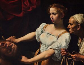 A young woman in a baby blue dress uses a sword to behead an intoxicated man. Behind her is an older woman assisting her by holding a bag.