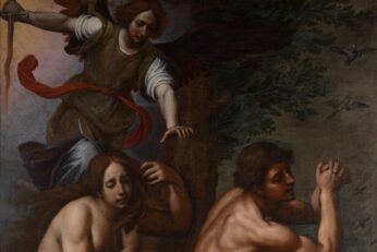 This is an Italian styled painting of an remorseful Adam and Eve being expelled out of the Garden of Eden. An angel escorts them out of paradise.