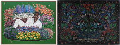 On the left, this is a painting of a person dressed in all white. There are laying in a field of colorful and blooming flowers. On the right is a painting of all indigenous plants and creatures.