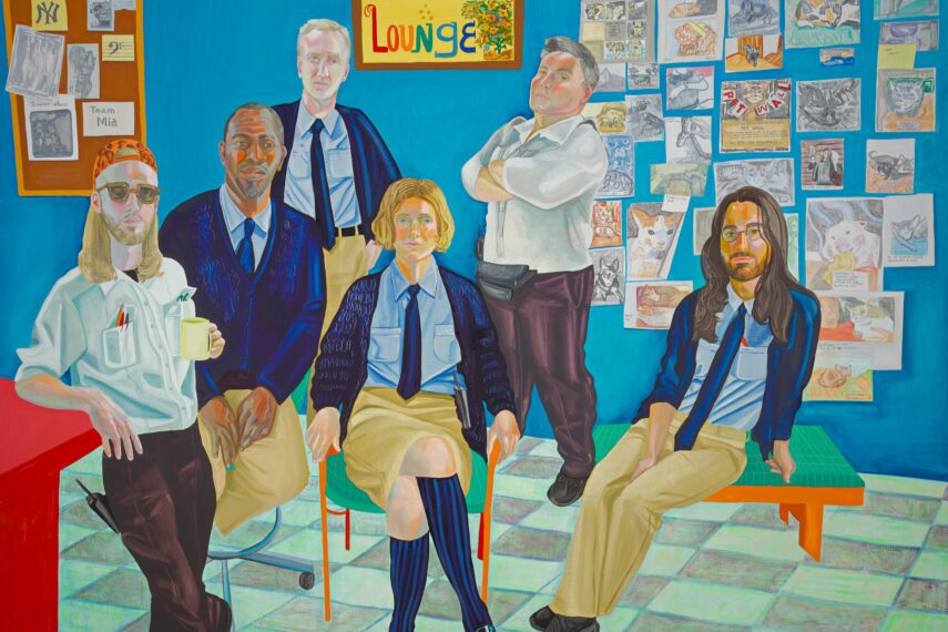 Painting of six people in an office setting with colorful attire, sitting and standing.