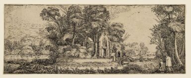 This is a etched image of a chapel in front of a pond. There are large and dense trees surrounding the chapel.