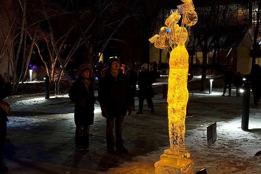 People wearing winter coats and hats looking at illuminated ice sculptures at night in Mia's courtyard