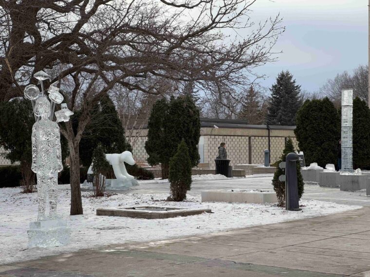 Outdoor area with ice sculptures, snow, and trees in winter.