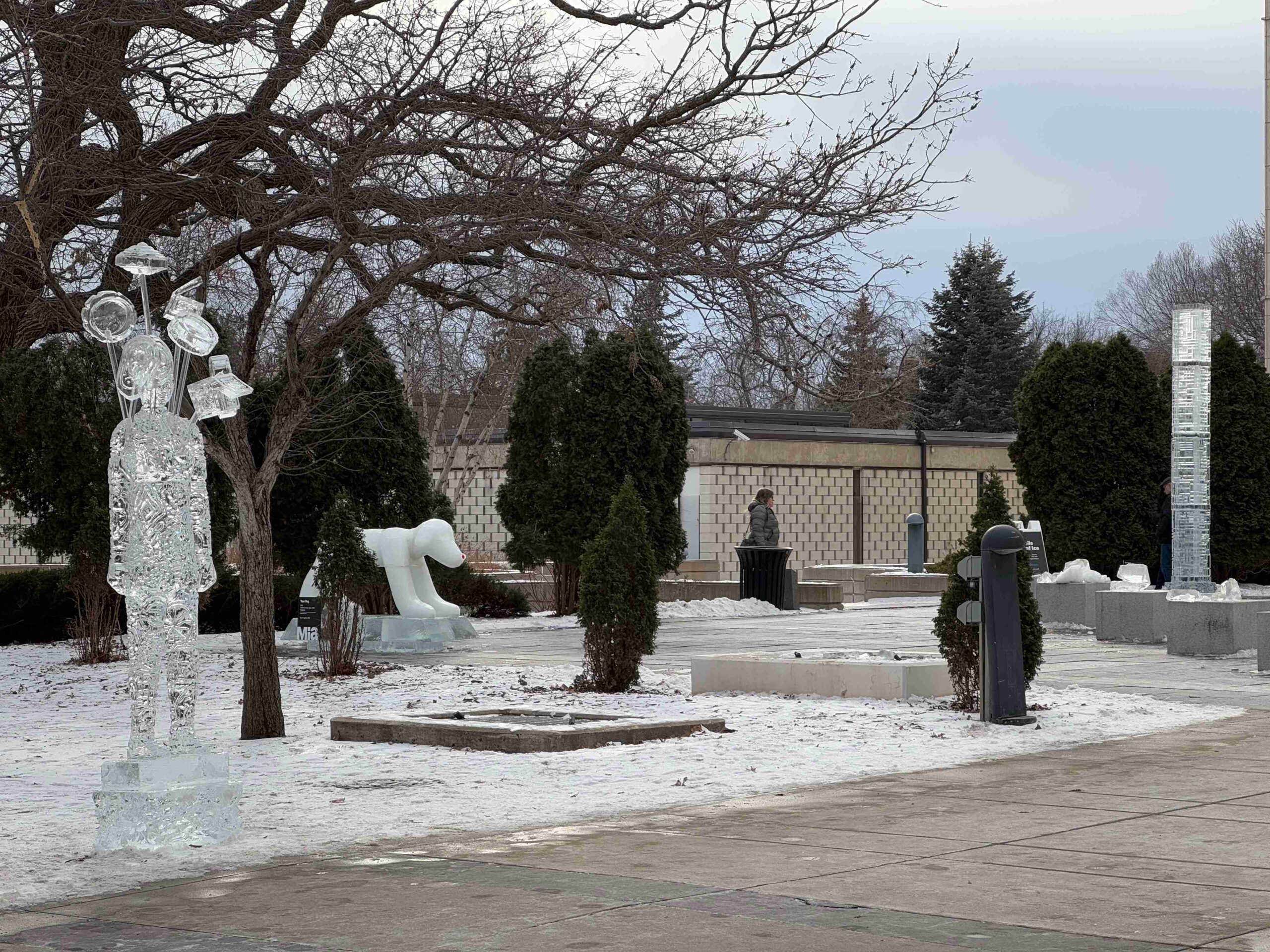 Outdoor area with ice sculptures, snow, and trees in winter.