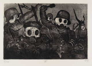 Black and white etching by Otto Dix of soldiers in gas masks during Word War I.