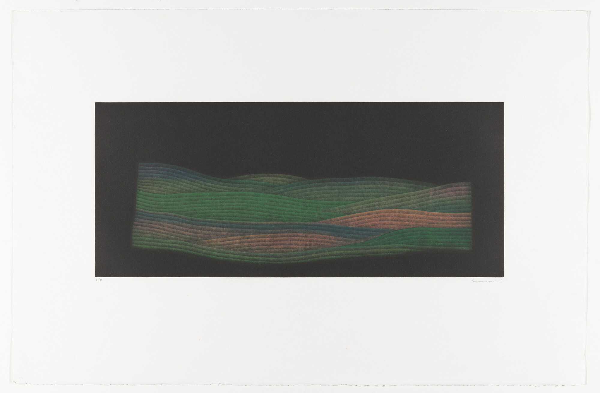 abstract painting of wavy green, pink, and blue lines against a black background