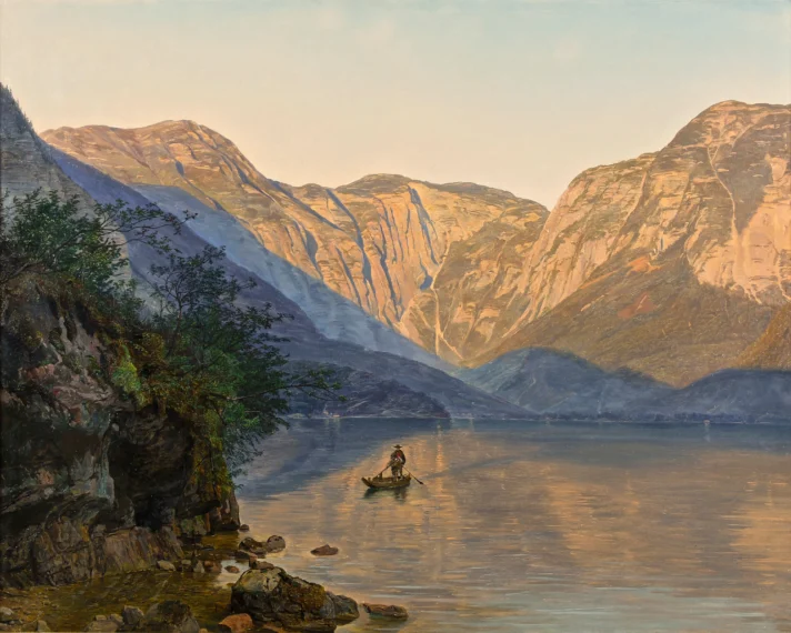 painting by Ferdinand Georg Waldmüller of a person in a boat on a river with mountains behind and a rocky shore with green shrubs in the foreground