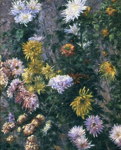 painting of white, yellow, pink, and orange chrysanthemums with greenery