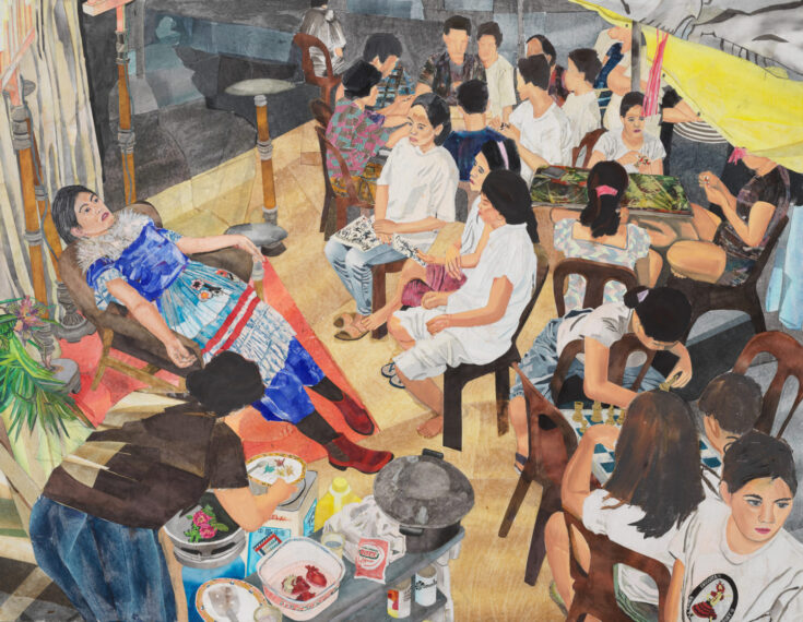 colorful painting of many people sitting in chairs in a rooom