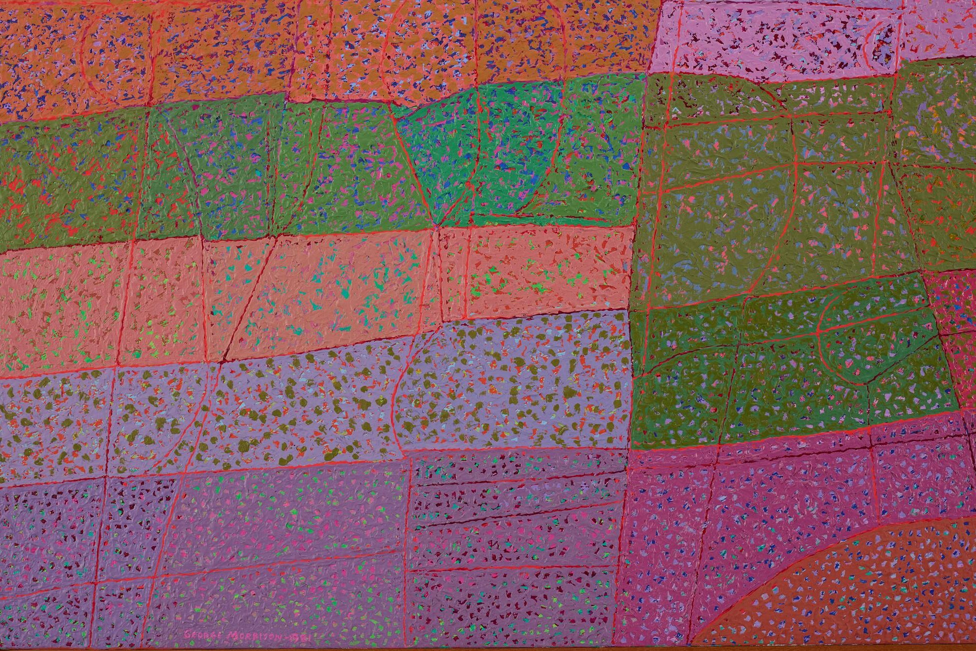 abstracted landscape; primarily rectangular shapes--some curves--forming horizontal bands, delineated with thin red borders; thickly-applied surface pigments with openwork-like unpainted areas allowing bright multicolored underpainting to be visible; purple "sky"; blue-grey "water"; green, lavender, orange and pink "rocks/land" in foreground