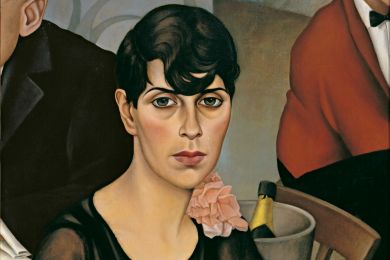 Painting of a woman with black-brown bobbed hair and curls falling over her forehead wearing a black dress and holding a cigarette seated at a table in a nightclub setting with two men behind her and a champagne chiller holding an opened bottle of champagne