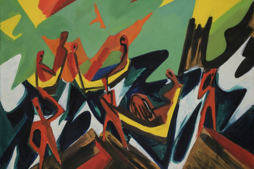 Abstract painting with red, green, yellow, and black shapes.