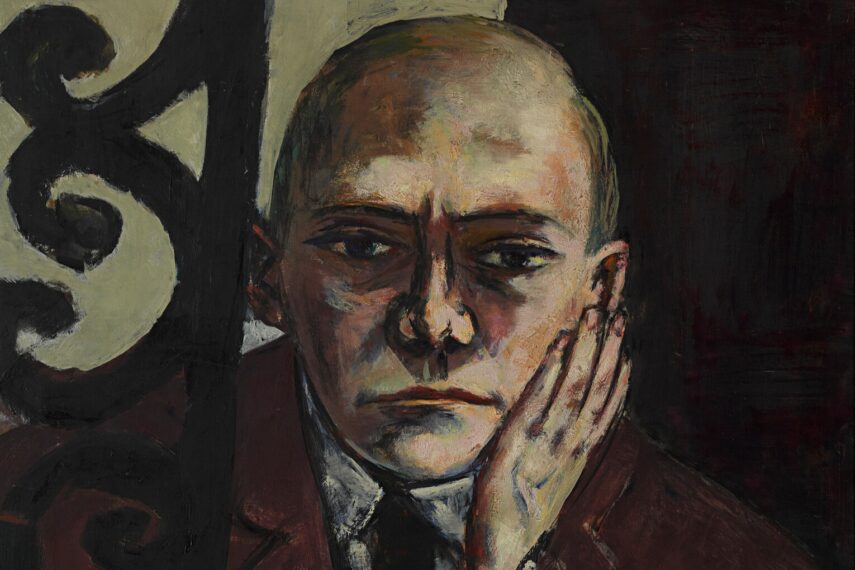 Painting of a person with a bald head, wearing a dark suit jacket over a white shirt with a patterned tie. The individual has a contemplative expression, resting their head on their hand, with fingers lightly touching the cheek.