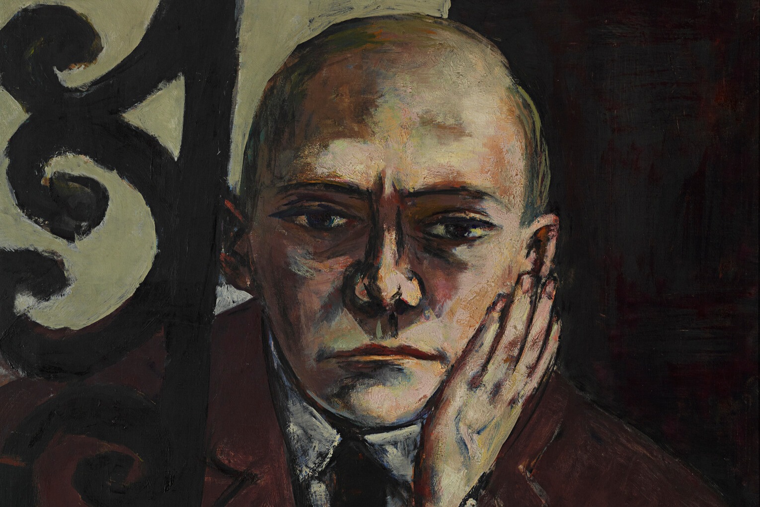 Painting of a person with a bald head, wearing a dark suit jacket over a white shirt with a patterned tie. The individual has a contemplative expression, resting their head on their hand, with fingers lightly touching the cheek.