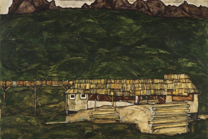 Abstract painting of a sawmill surrounded by dark green landscape and distant dark gray mountains