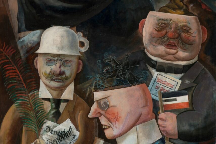 Surreal painting depicting distorted figures and objects.